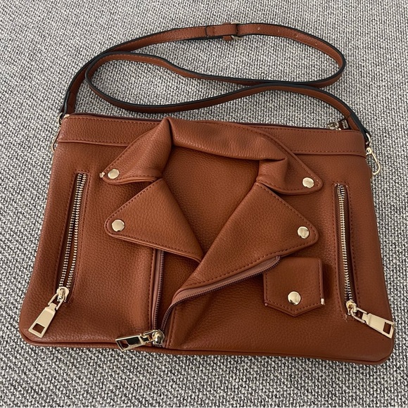 Handbags - Motorcycle Jacket Brown Faux Leather Women's Cross Body Bag